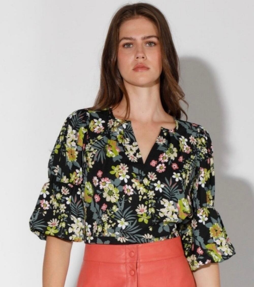 Walter Baker Libby Top Puff Sleeves V Neck Floral Black Green Womens Medium Flaw